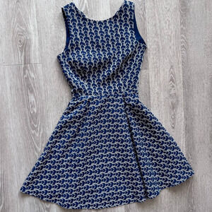 Zara Basic XS Embroidered Blue & Gray Backless Fit & Flare Dress